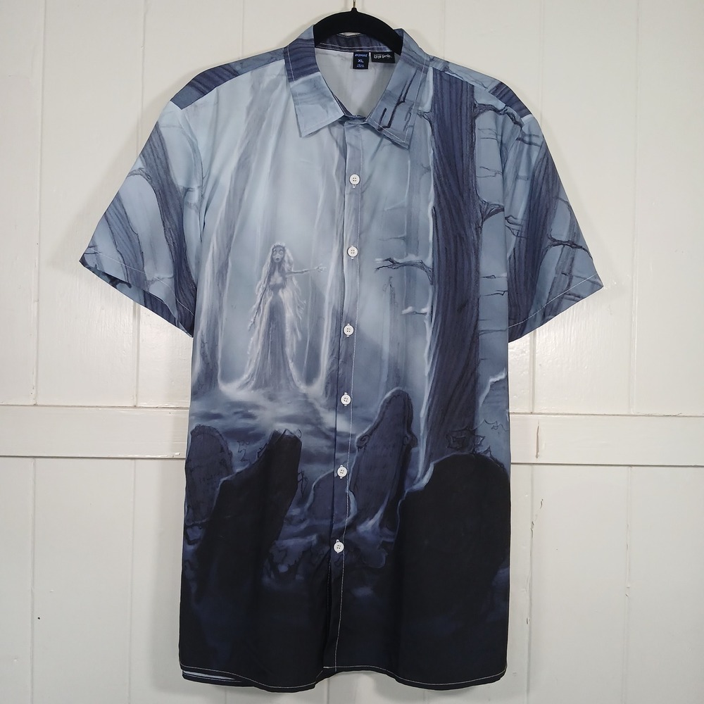 Corpse Bride Tim Burton All Over Print Button Shirt Mens‎ XL Blue Graphic Romwe